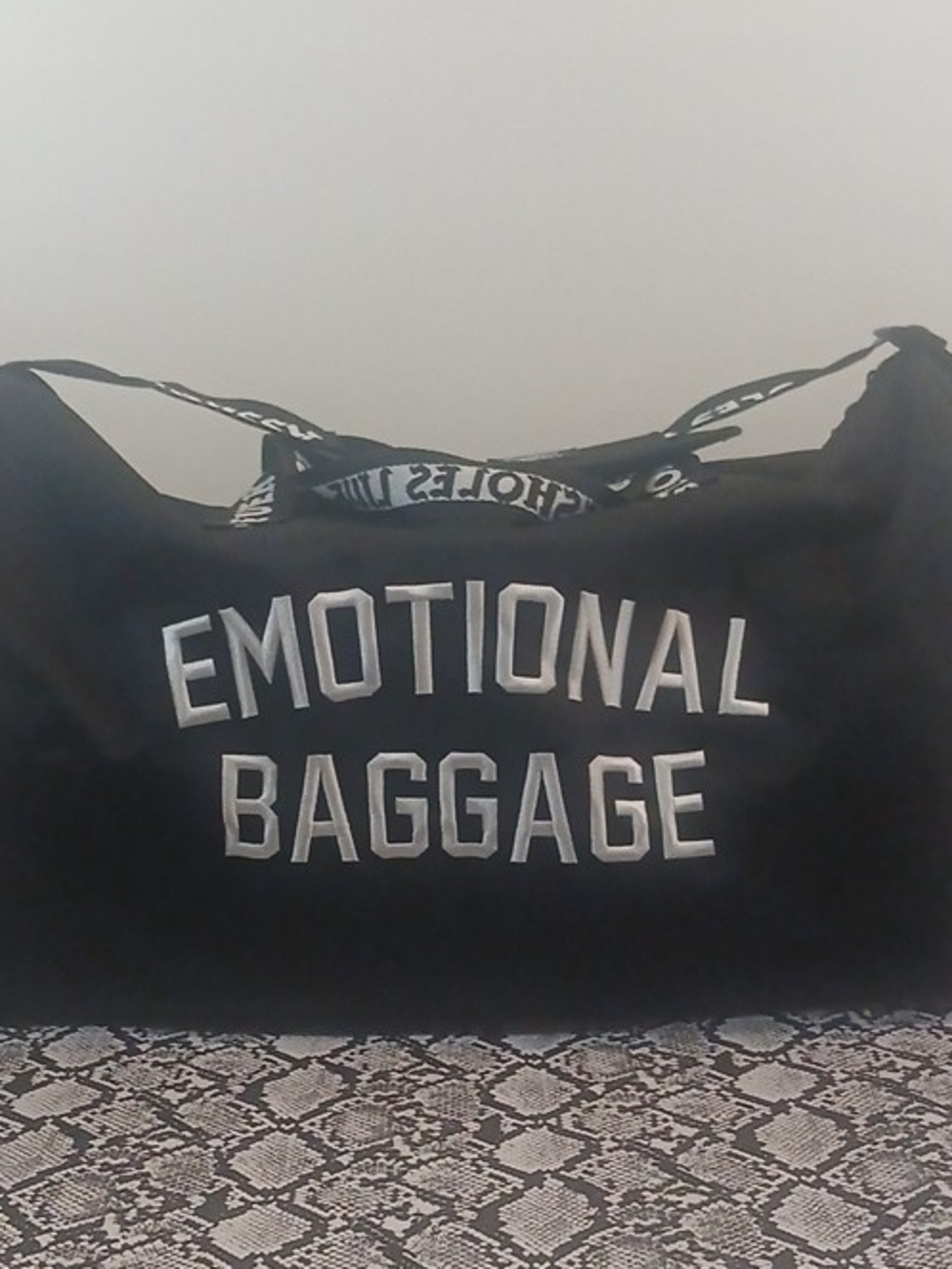 Black Men's Duffel Bag with 'Emotional Baggage' Embroidered Script